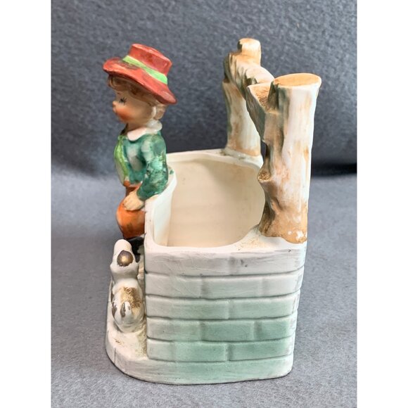 Vintage Hand-Painted Ceramic Boy with Dog at Wishing Well Planter 5" Tall - Picture 2 of 8